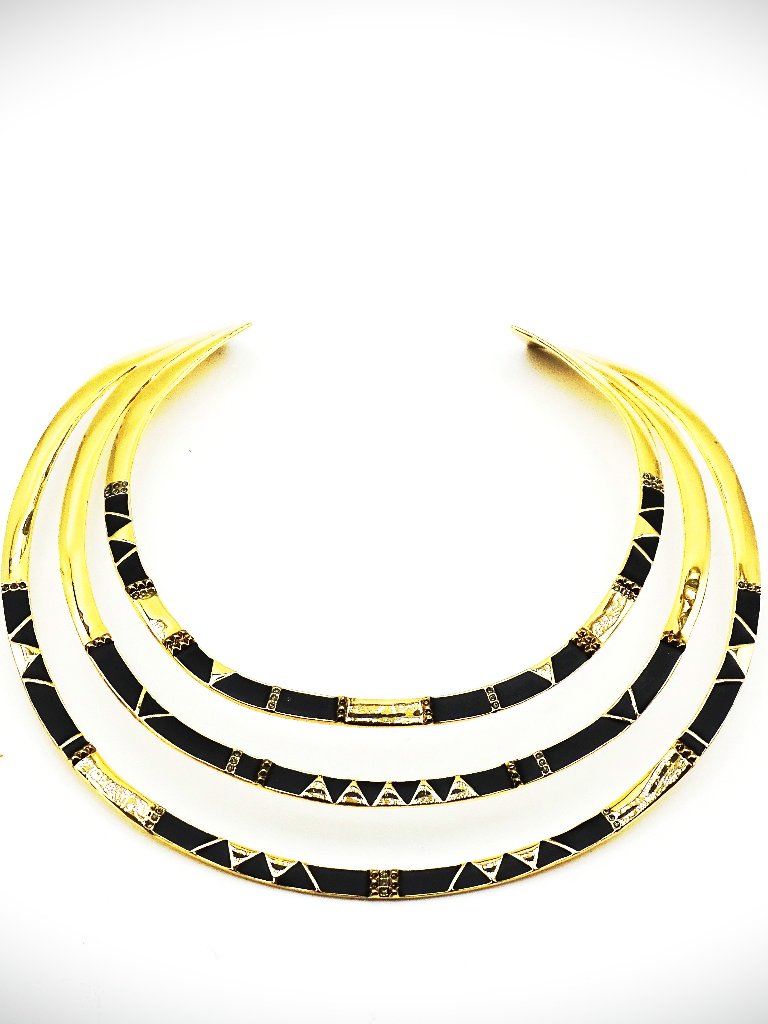 House Of Harlow Gold Plated & Black Enamel Geometric Pattern Collar Necklace